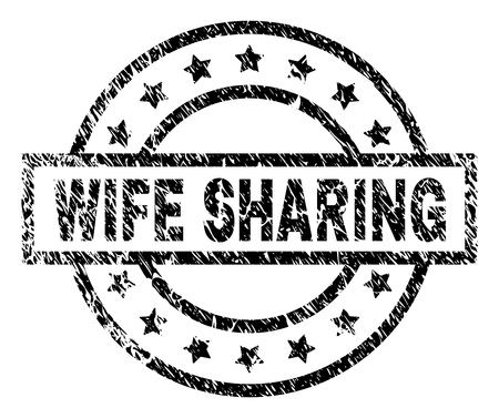 WIFE SHARING stamp seal watermark with distress style. Designed with rectangle, circles and stars. Black vector rubber print of WIFE SHARING title with scratched texture.のイラスト素材