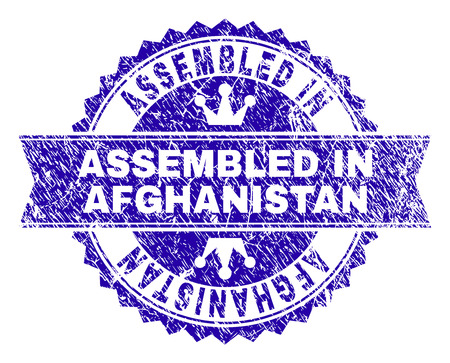 ASSEMBLED IN AFGHANISTAN rosette stamp seal watermark with distress texture. Designed with round rosette, ribbon and small crowns.のイラスト素材