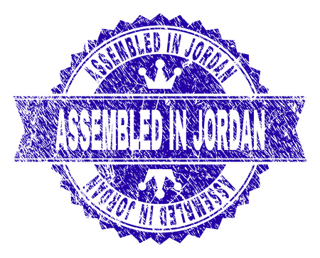 ASSEMBLED IN JORDAN rosette seal imitation with grunge style. Designed with round rosette, ribbon and small crowns. Blue vector rubber print of ASSEMBLED IN JORDAN title with grunge texture.のイラスト素材