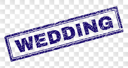 WEDDING stamp seal print with rubber print style and double framed rectangle shape. Stamp is placed on a transparent background. Blue vector rubber print of WEDDING caption with dirty texture.のイラスト素材