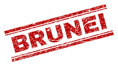 BRUNEI seal print with grunge texture. Red vector rubber print of BRUNEI title with unclean texture. Text label is placed between double parallel lines.のイラスト素材