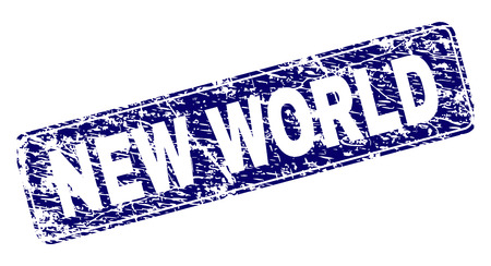 NEW WORLD stamp seal print with distress style. Seal shape is a rounded rectangle with frame. Blue vector rubber print of NEW WORLD text with scratched style.のイラスト素材