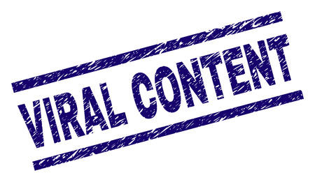 VIRAL CONTENT seal print with grunge style. Blue vector rubber print of VIRAL CONTENT text with scratched texture. Text label is placed between parallel lines.のイラスト素材