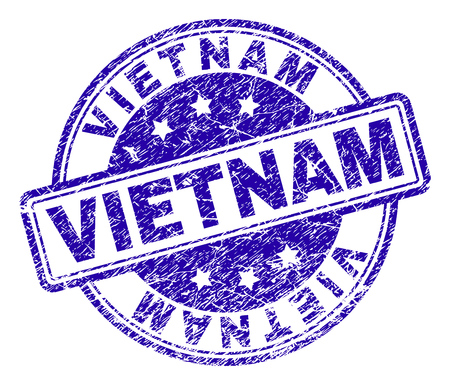 VIETNAM stamp seal watermark with grunge effect. Designed with rounded rectangles and circles. Blue vector rubber print of VIETNAM tag with grunge texture.のイラスト素材