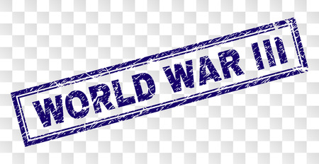 WORLD WAR III stamp seal imprint with corroded style and double framed rectangle shape. Stamp is placed on a transparent background. Blue vector rubber print of WORLD WAR III label with dust texture.のイラスト素材