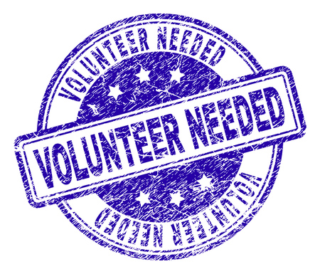 VOLUNTEER NEEDED stamp seal imprint with grunge texture. Designed with rounded rectangles and circles. Blue vector rubber print of VOLUNTEER NEEDED tag with dirty texture.のイラスト素材