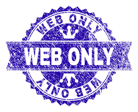 WEB ONLY rosette stamp watermark with distress style. Designed with round rosette, ribbon and small crowns. Blue vector rubber watermark of WEB ONLY label with scratched style.のイラスト素材