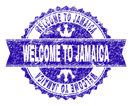 WELCOME TO JAMAICA rosette stamp seal watermark with distress effect. Designed with round rosette, ribbon and small crowns. Blue vector rubber watermark of WELCOME TO JAMAICA text with corroded style.のイラスト素材