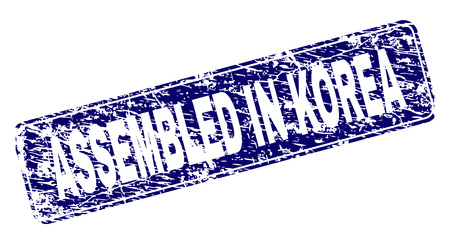 ASSEMBLED IN KOREA stamp seal print with distress texture. Seal shape is a rounded rectangle with frame. Blue vector rubber print of ASSEMBLED IN KOREA caption with grunge texture.のイラスト素材