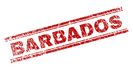 BARBADOS seal print with grunge texture. Red vector rubber print of BARBADOS caption with corroded texture. Text caption is placed between double parallel lines.のイラスト素材