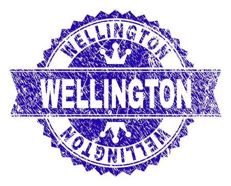 WELLINGTON rosette stamp watermark with distress texture. Designed with round rosette, ribbon and small crowns. Blue vector rubber watermark of WELLINGTON title with retro texture.のイラスト素材