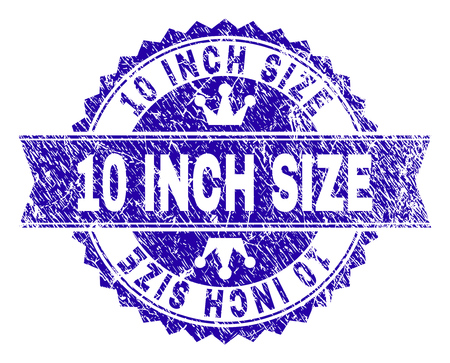 10 INCH SIZE rosette stamp overlay with grunge texture. Designed with round rosette, ribbon and small crowns. Blue vector rubber print of 10 INCH SIZE title with grunge texture.のイラスト素材