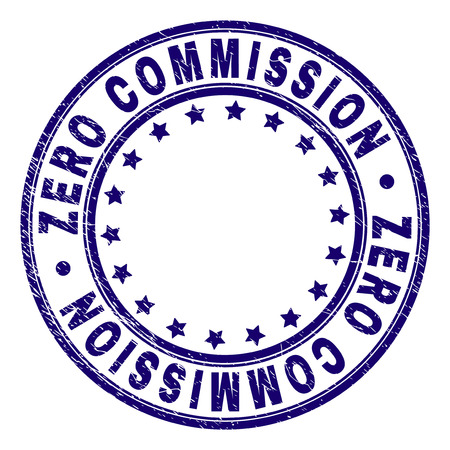 ZERO COMMISSION stamp seal watermark with grunge texture. Designed with circles and stars. Blue vector rubber print of ZERO COMMISSION label with retro texture.のイラスト素材