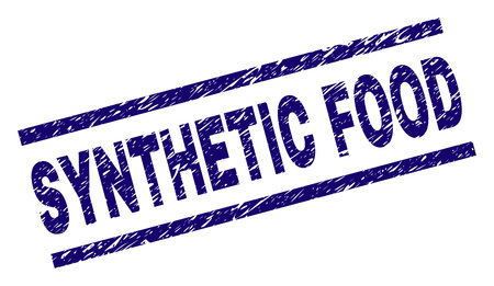 SYNTHETIC FOOD seal stamp with grunge style. Blue vector rubber print of SYNTHETIC FOOD caption with corroded texture. Text caption is placed between parallel lines.のイラスト素材