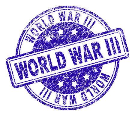 WORLD WAR III stamp seal watermark with grunge texture. Designed with rounded rectangles and circles. Blue vector rubber print of WORLD WAR III text with scratched texture.のイラスト素材