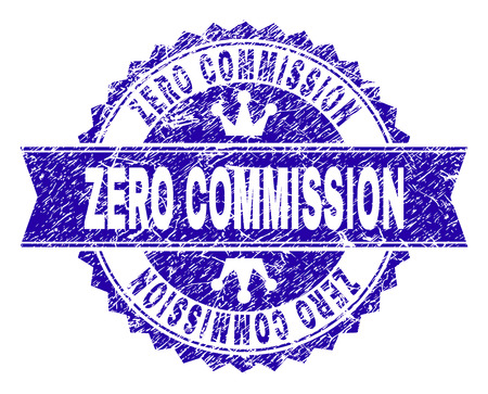 ZERO COMMISSION rosette stamp seal overlay with grunge style. Designed with round rosette, ribbon and small crowns. Blue vector rubber print of ZERO COMMISSION tag with grunge style.のイラスト素材