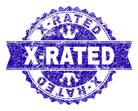 X-RATED rosette seal watermark with distress texture. Designed with round rosette, ribbon and small crowns. Blue vector rubber watermark of X-RATED label with grunge texture.のイラスト素材