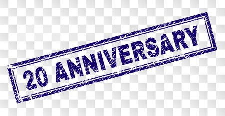 20 ANNIVERSARY stamp seal print with rubber print style and double framed rectangle shape. Stamp is placed on a transparent background.のイラスト素材