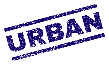 URBAN seal print with scratced style. Blue vector rubber print of URBAN tag with dirty texture. Text tag is placed between parallel lines.のイラスト素材