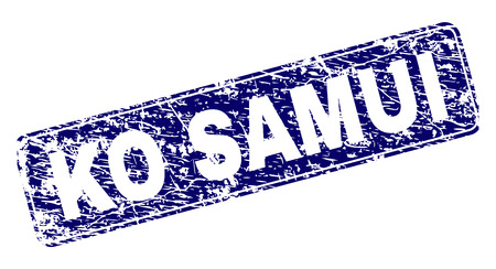 KO SAMUI stamp seal print with distress style. Seal shape is a rounded rectangle with frame. Blue vector rubber print of KO SAMUI label with scratched style.のイラスト素材