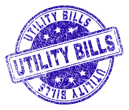 UTILITY BILLS stamp seal imprint with distress texture. Designed with rounded rectangles and circles. Blue vector rubber print of UTILITY BILLS label with grunge texture.のイラスト素材