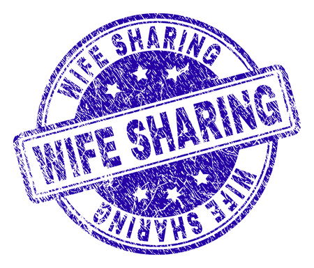 WIFE SHARING stamp seal watermark with grunge texture. Designed with rounded rectangles and circles. Blue vector rubber print of WIFE SHARING title with retro texture.のイラスト素材