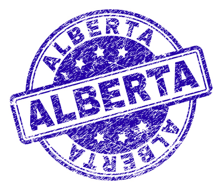 ALBERTA stamp seal imprint with grunge texture. Designed with rounded rectangles and circles. Blue vector rubber print of ALBERTA tag with corroded texture.のイラスト素材