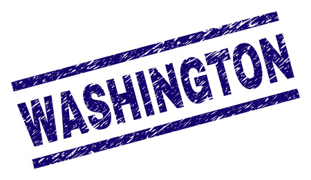 WASHINGTON seal print with scratced style. Blue vector rubber print of WASHINGTON tag with corroded texture. Text tag is placed between parallel lines.のイラスト素材