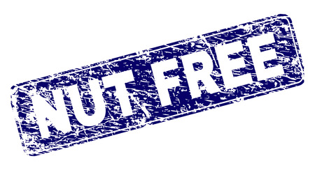 NUT FREE stamp seal print with distress style. Seal shape is a rounded rectangle with frame. Blue vector rubber print of NUT FREE tag with dust style.のイラスト素材
