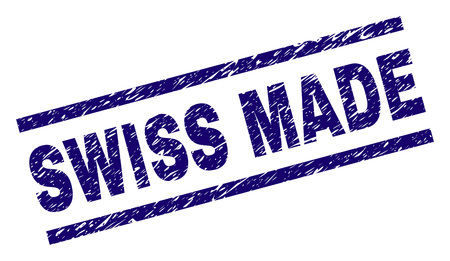 SWISS MADE seal print with grunge style. Blue vector rubber print of SWISS MADE label with retro texture. Text label is placed between parallel lines.のイラスト素材
