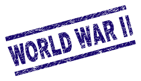 WORLD WAR II seal print with grunge style. Blue vector rubber print of WORLD WAR II tag with scratched texture. Text tag is placed between parallel lines.のイラスト素材