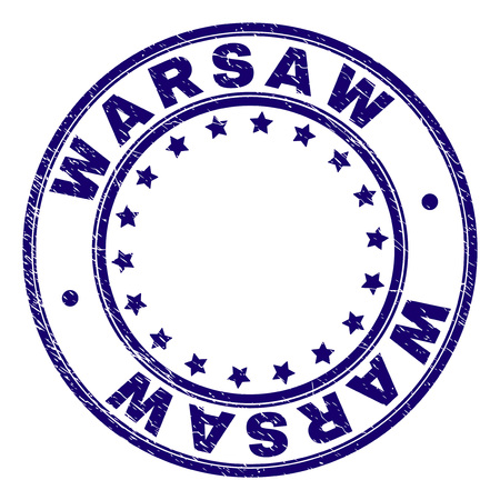 WARSAW stamp seal imprint with distress texture. Designed with circles and stars. Blue vector rubber print of WARSAW title with scratched texture.のイラスト素材
