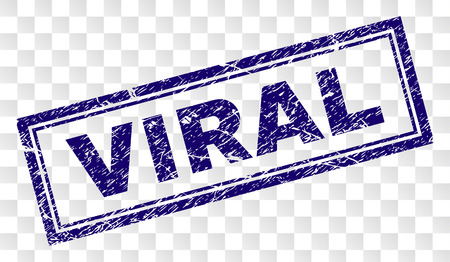 VIRAL stamp seal print with rubber print style and double framed rectangle shape. Stamp is placed on a transparent background. Blue vector rubber print of VIRAL tag with grunge texture.のイラスト素材