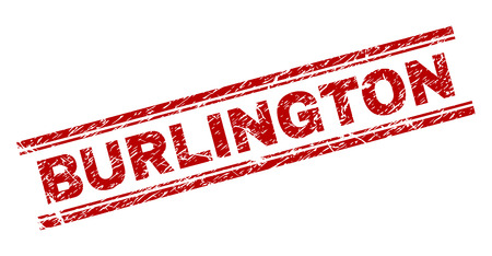 BURLINGTON seal print with corroded effect. Red vector rubber print of BURLINGTON tag with dust texture. Text tag is placed between double parallel lines.のイラスト素材