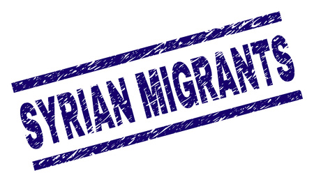 SYRIAN MIGRANTS seal imprint with distress style. Blue vector rubber print of SYRIAN MIGRANTS text with scratched texture. Text label is placed between parallel lines.のイラスト素材