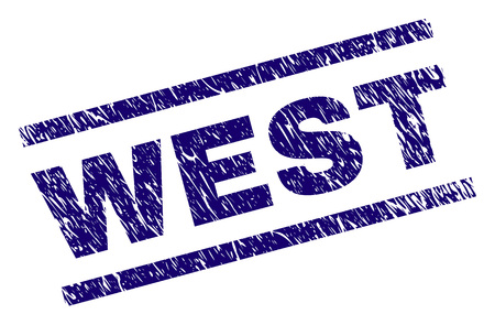 WEST seal print with grunge style. Blue vector rubber print of WEST tag with dirty texture. Text caption is placed between parallel lines.のイラスト素材