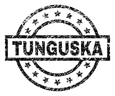TUNGUSKA stamp seal watermark with distress style. Designed with rectangle, circles and stars. Black vector rubber print of TUNGUSKA title with scratched texture.のイラスト素材