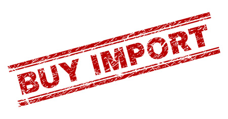 BUY IMPORT seal watermark with distress texture. Red vector rubber print of BUY IMPORT label with grunge texture. Text title is placed between double parallel lines.のイラスト素材