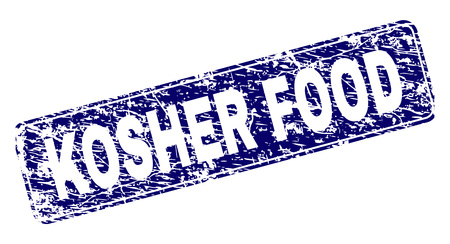 KOSHER FOOD stamp seal print with distress texture. Seal shape is a rounded rectangle with frame. Blue vector rubber print of KOSHER FOOD tag with grunge texture.のイラスト素材
