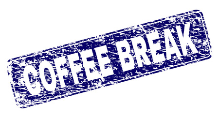 COFFEE BREAK stamp seal imprint with grunge texture. Seal shape is a rounded rectangle with frame. Blue vector rubber print of COFFEE BREAK caption with grunge texture.のイラスト素材