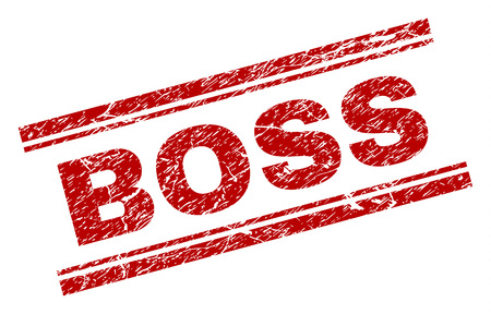 BOSS seal print with corroded style. Red vector rubber print of BOSS tag with dust texture. Text tag is placed between double parallel lines.のイラスト素材
