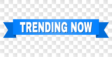 TRENDING NOW text on a ribbon. Designed with white caption and blue tape. Vector banner with TRENDING NOW tag on a transparent background.のイラスト素材
