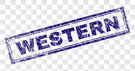 WESTERN stamp seal print with corroded style and double framed rectangle shape. Stamp is placed on a transparent background. Blue vector rubber print of WESTERN caption with dirty texture.のイラスト素材