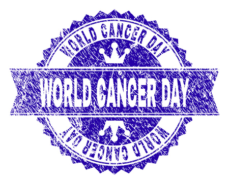 WORLD CANCER DAY rosette stamp watermark with distress style. Designed with round rosette, ribbon and small crowns. Blue vector rubber watermark of WORLD CANCER DAY text with scratched style.のイラスト素材