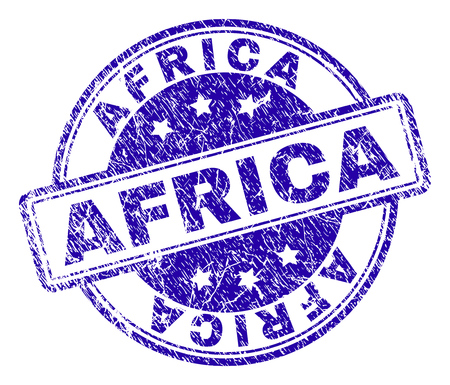 AFRICA stamp seal imprint with distress texture. Designed with rounded rectangles and circles. Blue vector rubber print of AFRICA caption with corroded texture.のイラスト素材