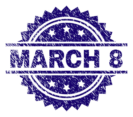 MARCH 8 stamp seal watermark with distress style. Blue vector rubber print of MARCH 8 text with unclean texture.のイラスト素材