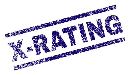 X-RATING seal print with scratced style. Blue vector rubber print of X-RATING text with scratched texture. Text tag is placed between parallel lines.のイラスト素材
