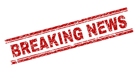 BREAKING NEWS seal imprint with corroded texture. Red vector rubber print of BREAKING NEWS title with corroded texture. Text caption is placed between double parallel lines.のイラスト素材