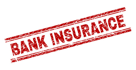BANK INSURANCE seal print with corroded texture. Red vector rubber print of BANK INSURANCE text with dust texture. Text label is placed between double parallel lines.のイラスト素材