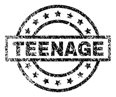 TEENAGE stamp seal watermark with distress style. Designed with rectangle, circles and stars. Black vector rubber print of TEENAGE label with dirty texture.のイラスト素材